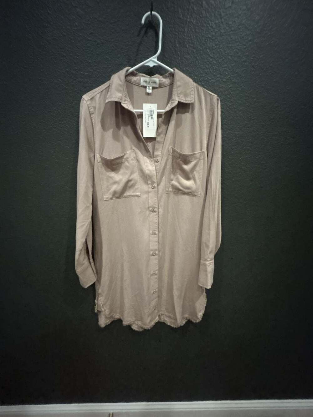 Cloth & Stone Long Sleeve Collared Shirt Dress Natural Beige Frayed Hem Sz L NWT